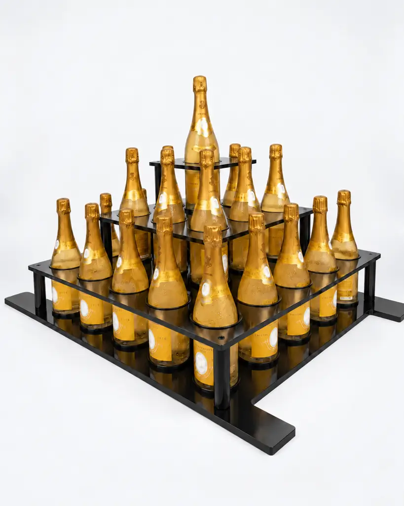 Black plexiglass pyramid, holds 25 bottles